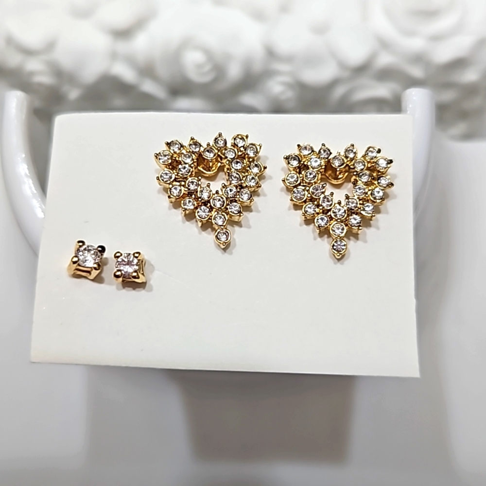 Fashion Gold, Rhinestone, and Heart Earrings Set